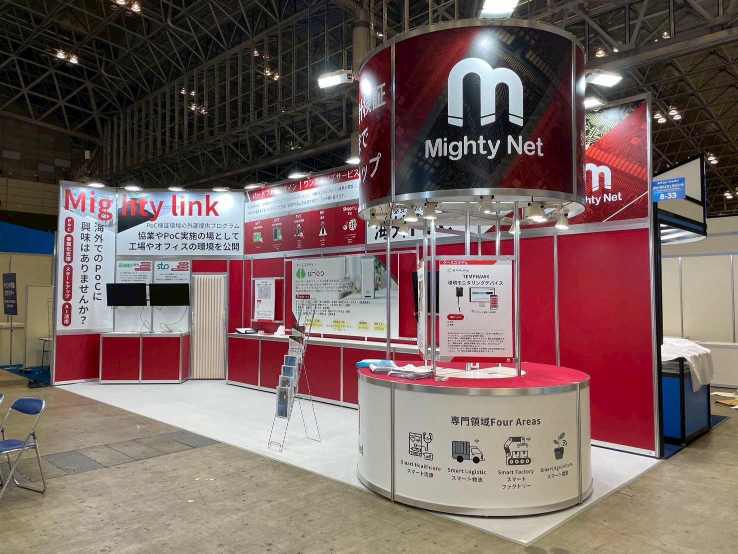 Mighty Net's booth at NEPCON Japan — a two-storey custom stand we designed and built